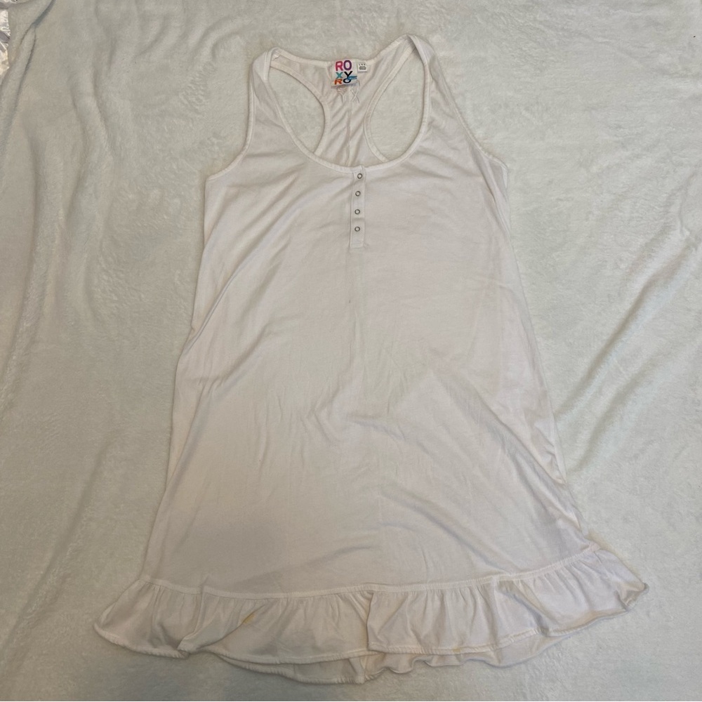 Y2K Roxy White Sleeveless Beach Coverup Dress 2010s Ruffle Hem Beachy Resortwear